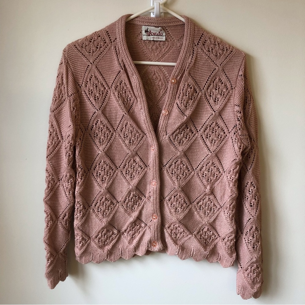 Vintage Pink Openwork Knit Cardigan Sweater